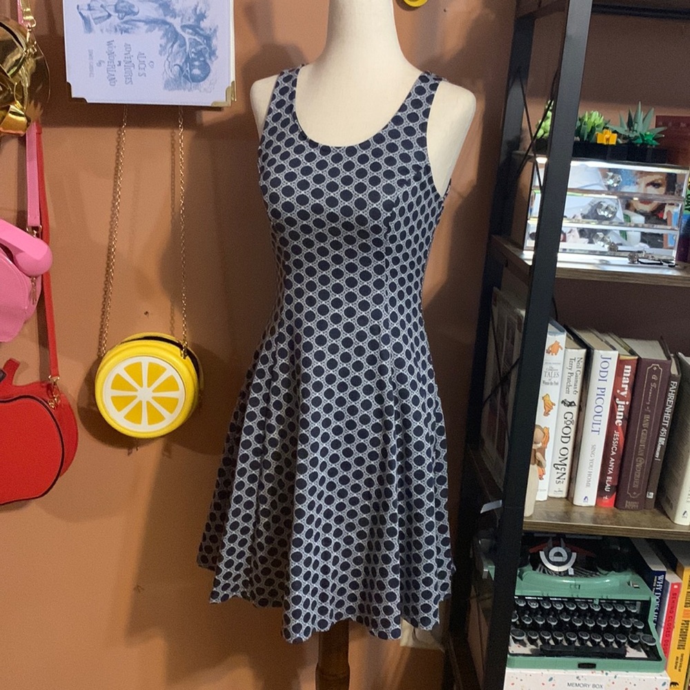 XS French Grey Brand navy and white dot knit sleeveless dress